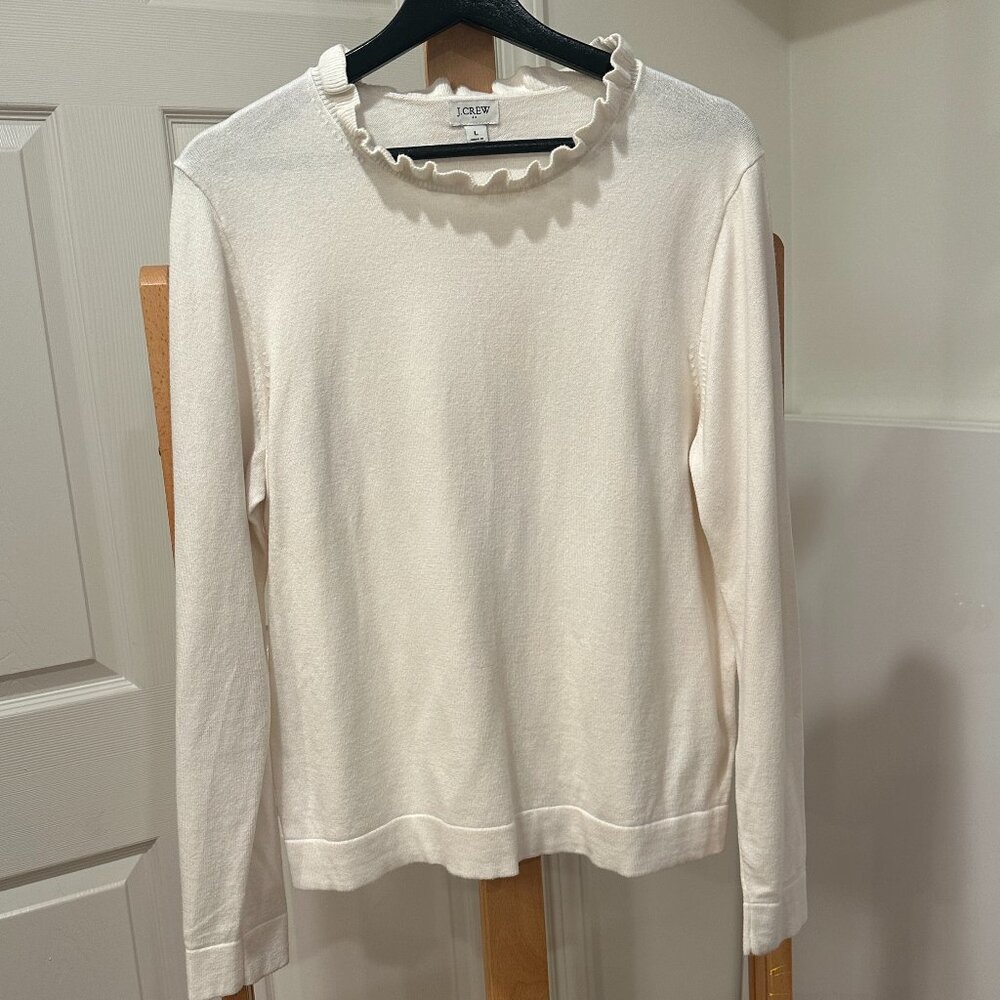 J. Crew Medium New Without Tags Ruffled Neck Ivory Lightweight Sweater